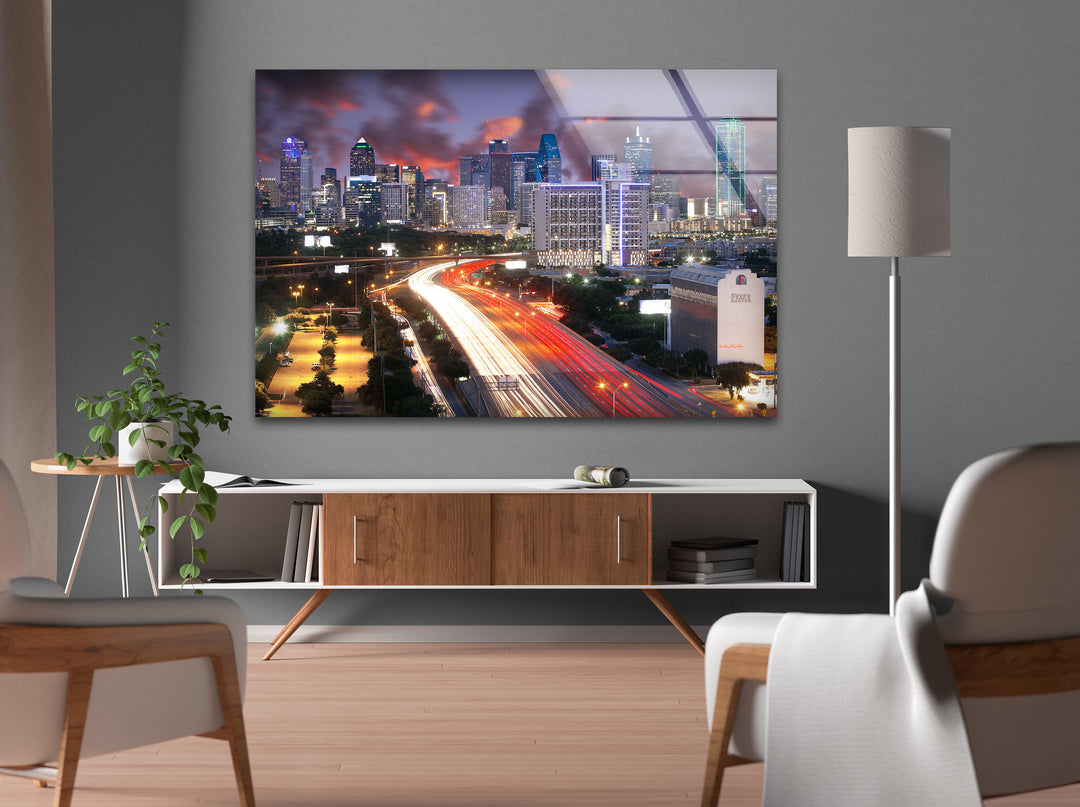 Dallas Skyline Glass Wall Art – Stunning View of Downtown at Dusk