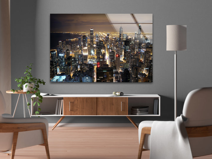 Chicago Cityscape Glass Wall Art – Night Skyline Modern Decor