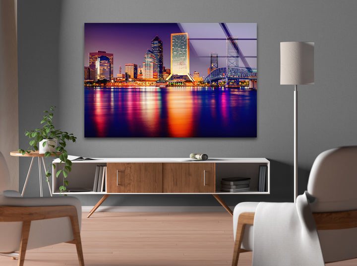 Jacksonville Skyline Glass Wall Art – Stunning View of Florida’s Iconic Downtown at Night