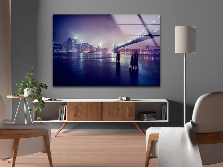 Brooklyn Bridge Glass Wall Art – Stunning New York City Skyline at Night with Brooklyn Bridge