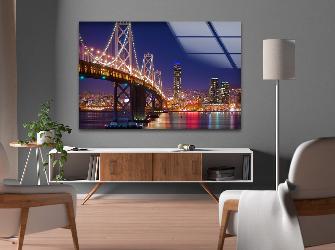 Bay Bridge Glass Wall Art – Iconic San Francisco Cityscape at Night