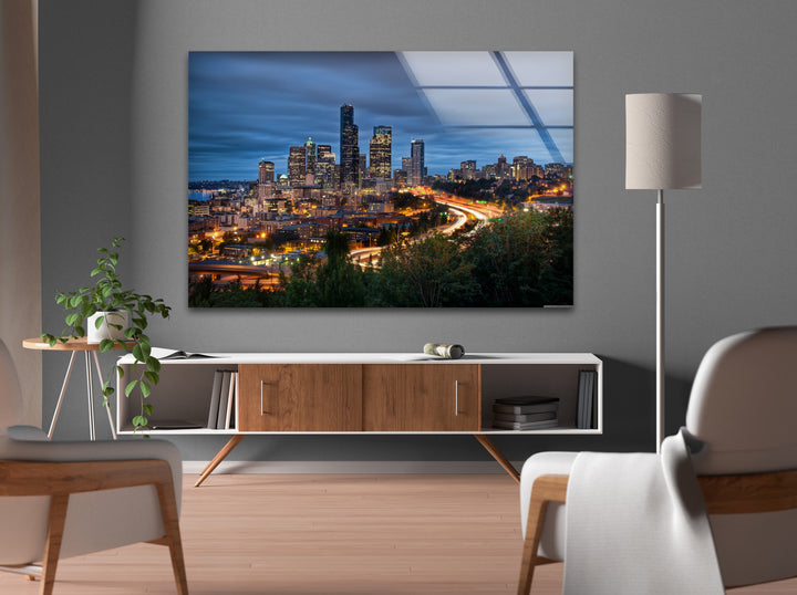 Seattle Skyline Glass Wall Art – Stunning View of Downtown Seattle at Night