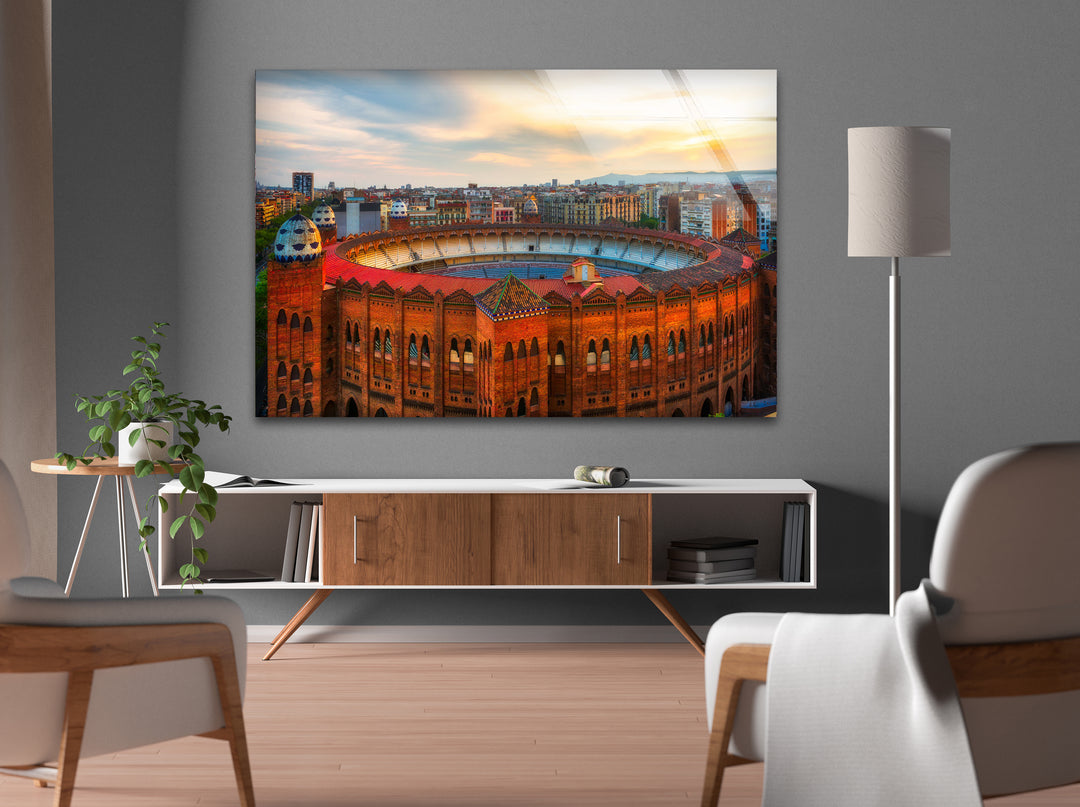 Arena de Barcelona Glass Wall Art – Iconic Spanish Landmark with Historic Architecture