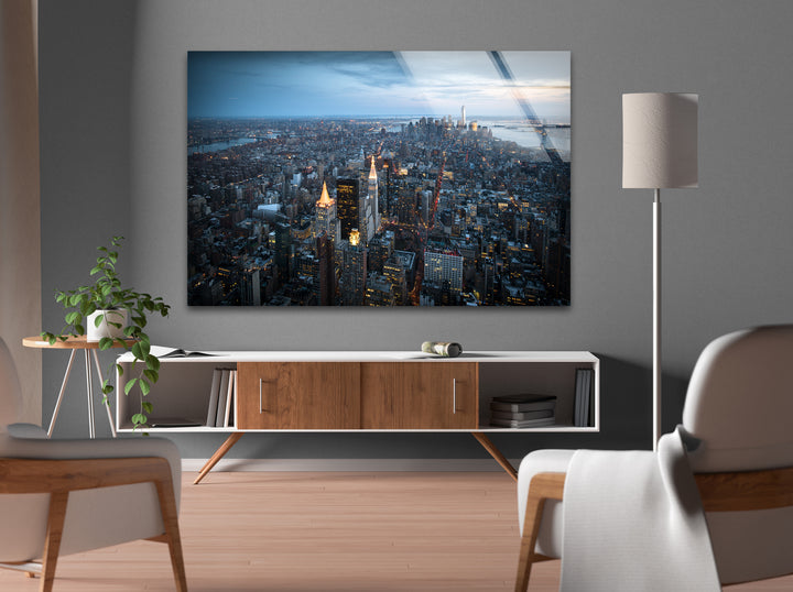 New York City Skyline Glass Wall Art – Stunning Aerial View of Manhattan at Twilight