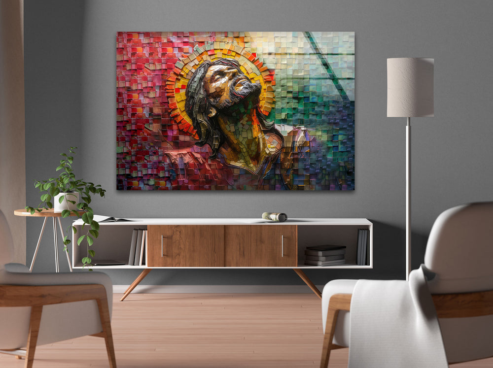 Stained Portrait of Jesus Glass Wall Art  photo print on glass, prints on glass wall art