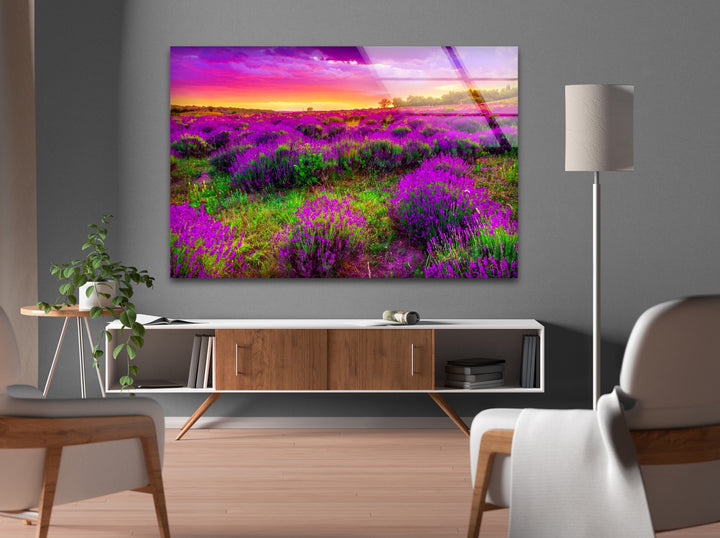 Lavender Field Glass Wall Art – Vibrant Sunset Floral Landscape