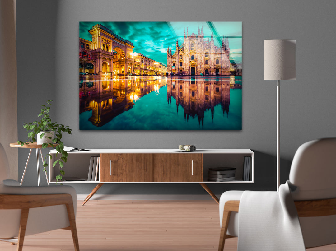 Milan Cityscape Glass Wall Art – Reflected View of Iconic Duomo Cathedral & Galleria Vittorio Emanuele