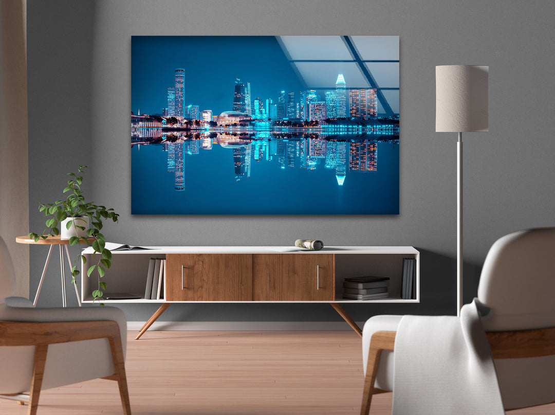 Singapore Skyline Glass Wall Art – Iconic Marina Bay Sands & City Reflections at Night