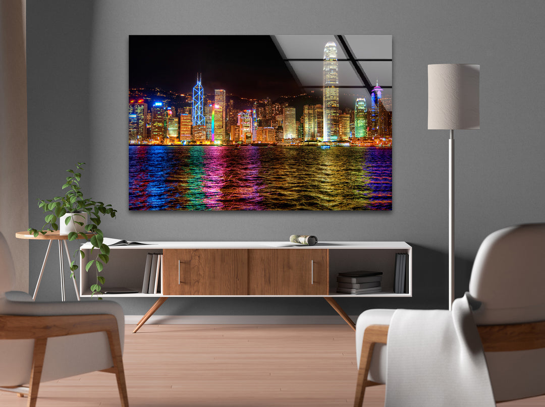 Hong Kong Skyline Glass Wall Art – Vibrant Night Cityscape Decor