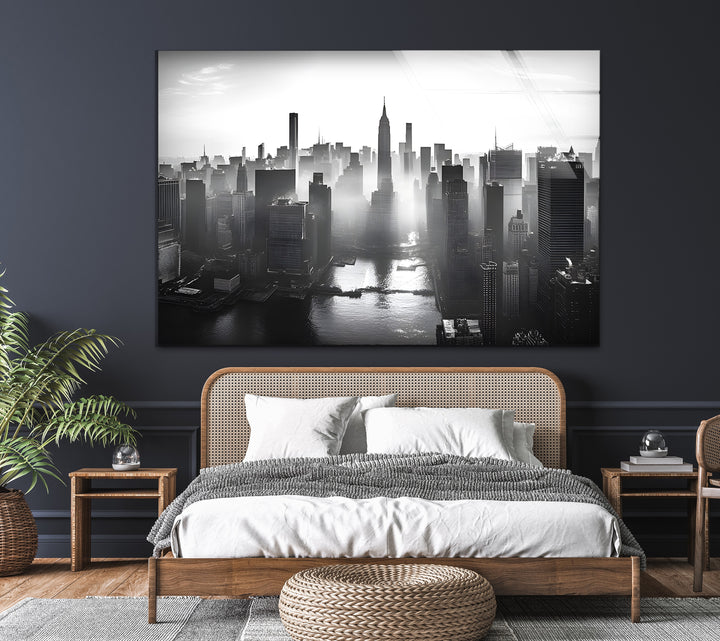 Mesmerizing black-and-white New York skyline design, ideal for creating a dramatic focal point in any room.
