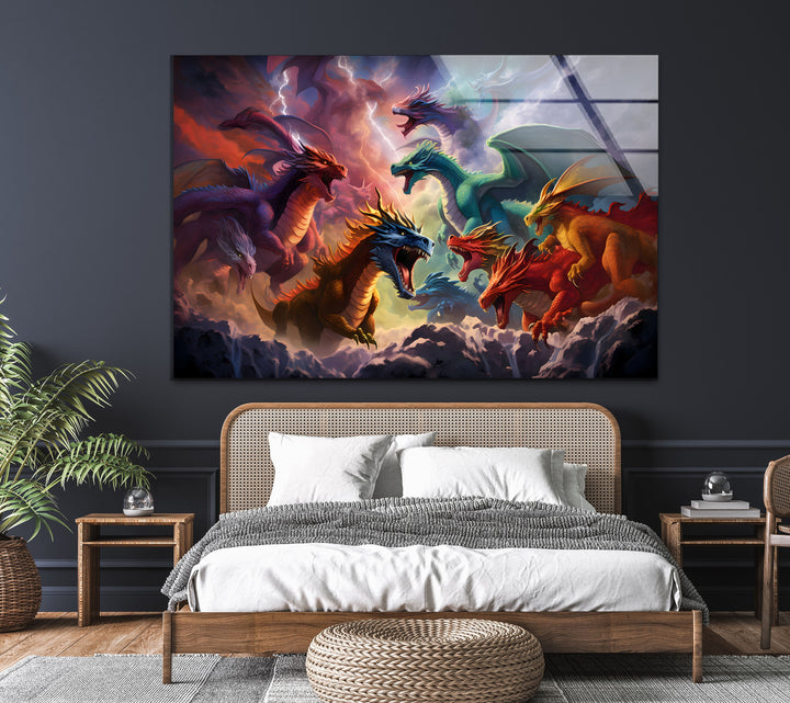 Fierce Dragon Battle: A Dynamic Glass Wall Art for Fantasy Lovers
