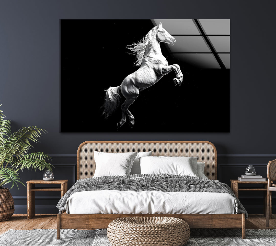 Elegant and bold, this black and white glass wall art showcases a majestic white horse in stunning detail.