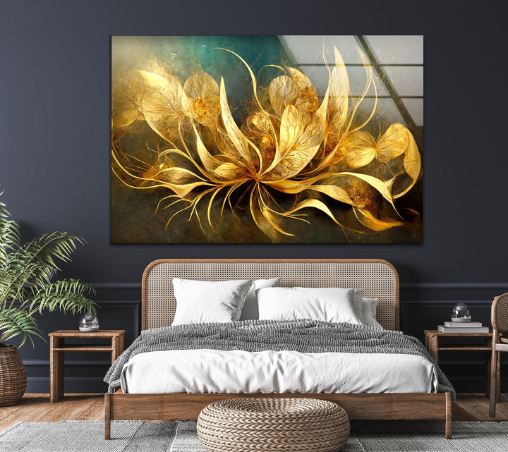 Golden Vivid Flower Glass Wall Art Glass Printing Wall Art, Print photos on glass
