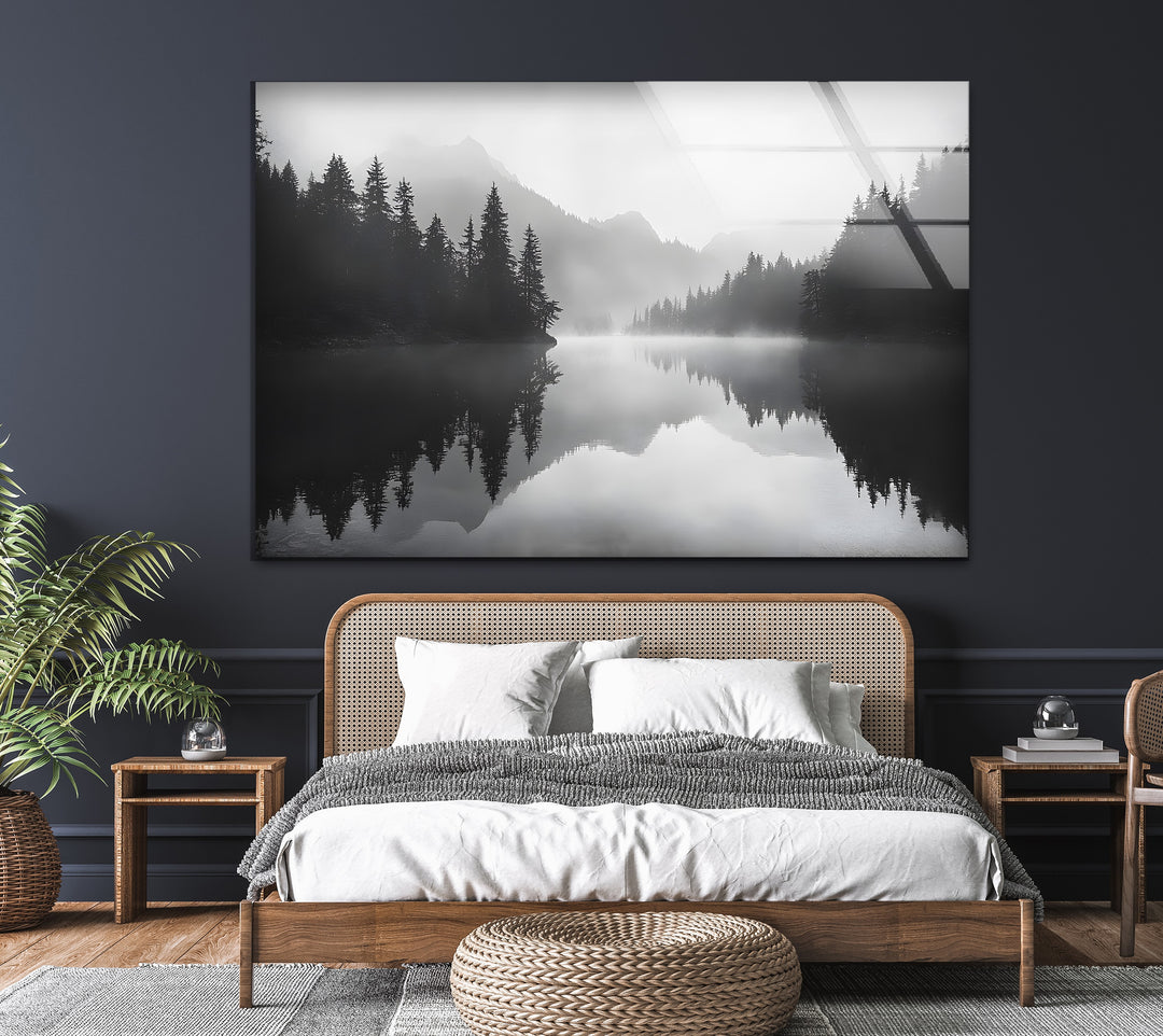 Misty Mountain Reflection: A black-and-white depiction of mountains reflecting in still waters, bringing tranquility to any room.
