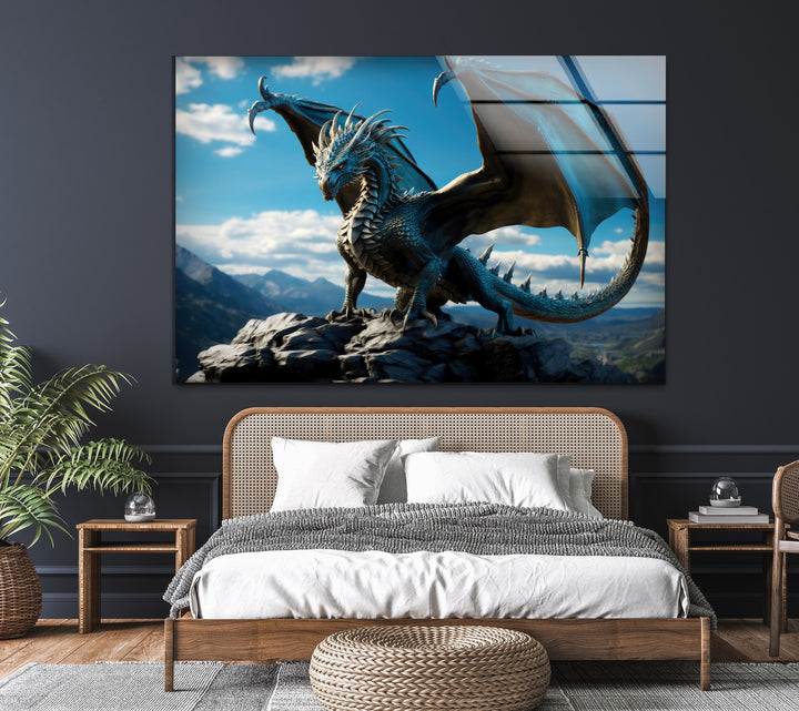 Epic dragon with vibrant blue scales, standing tall on a rocky peak under a vast sky.
