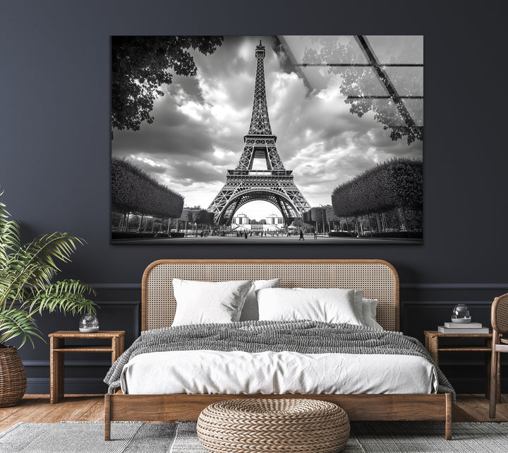 Timeless and sophisticated black and white glass wall art showcasing the beauty of the Eiffel Tower.