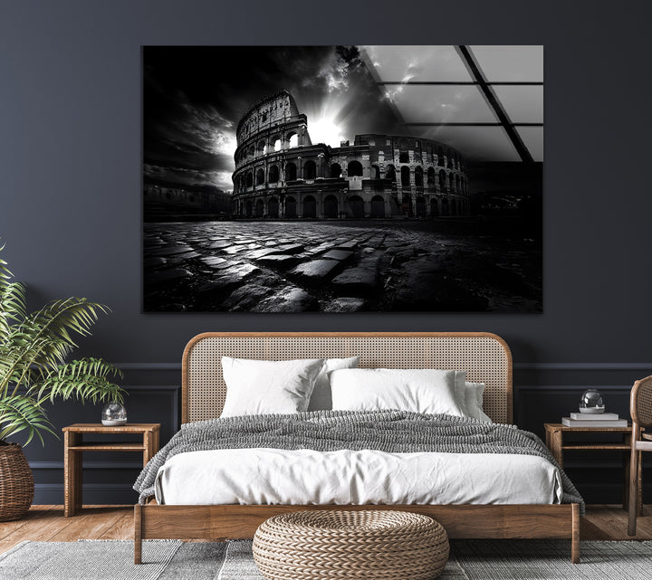 Majestic black-and-white depiction of the Roman Colosseum, perfect for classic and modern interiors.
