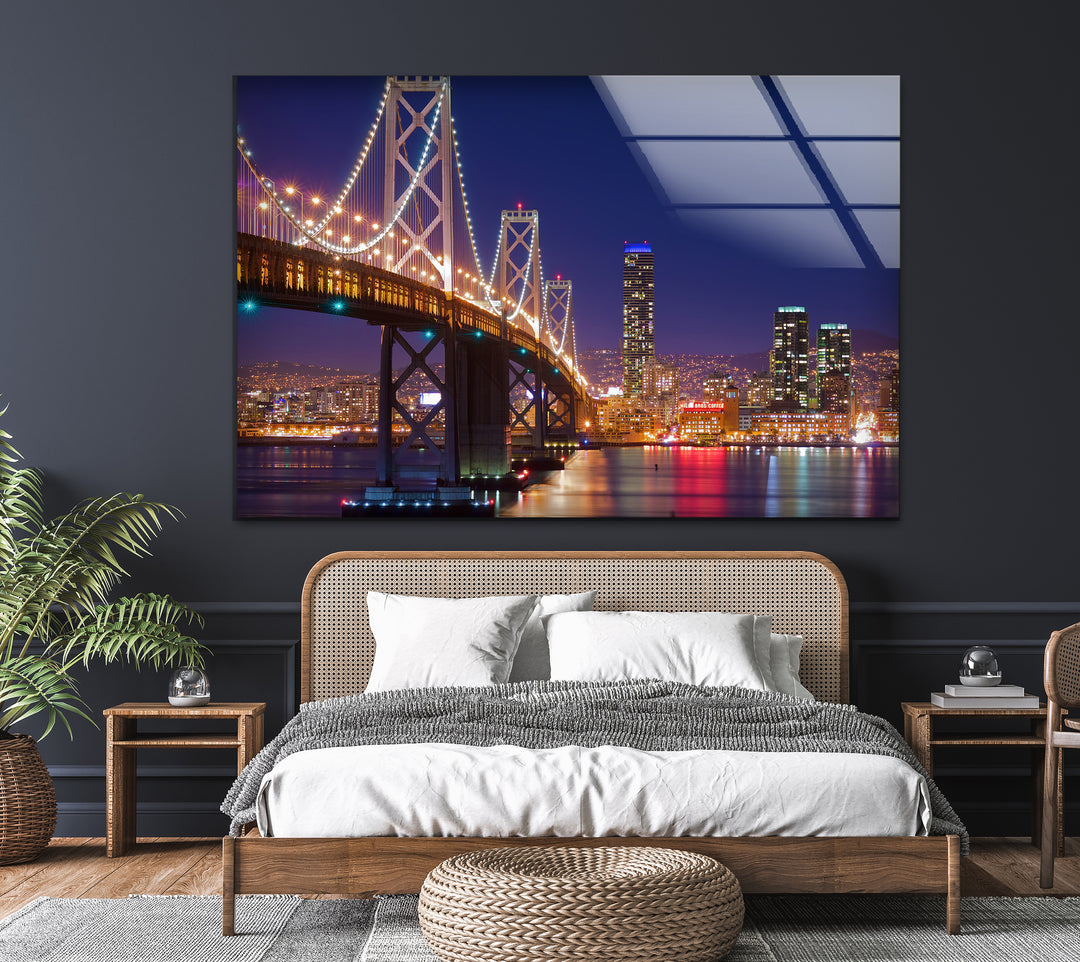 Bay Bridge Glass Wall Art – Iconic San Francisco Cityscape at Night