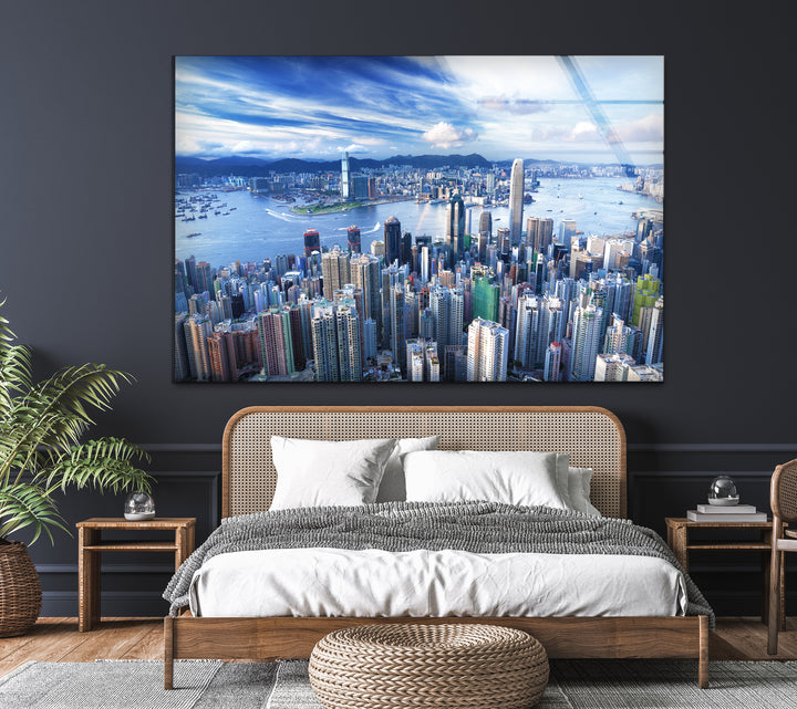 Hong Kong Skyline Glass Wall Art – Aerial Cityscape & Harbor View