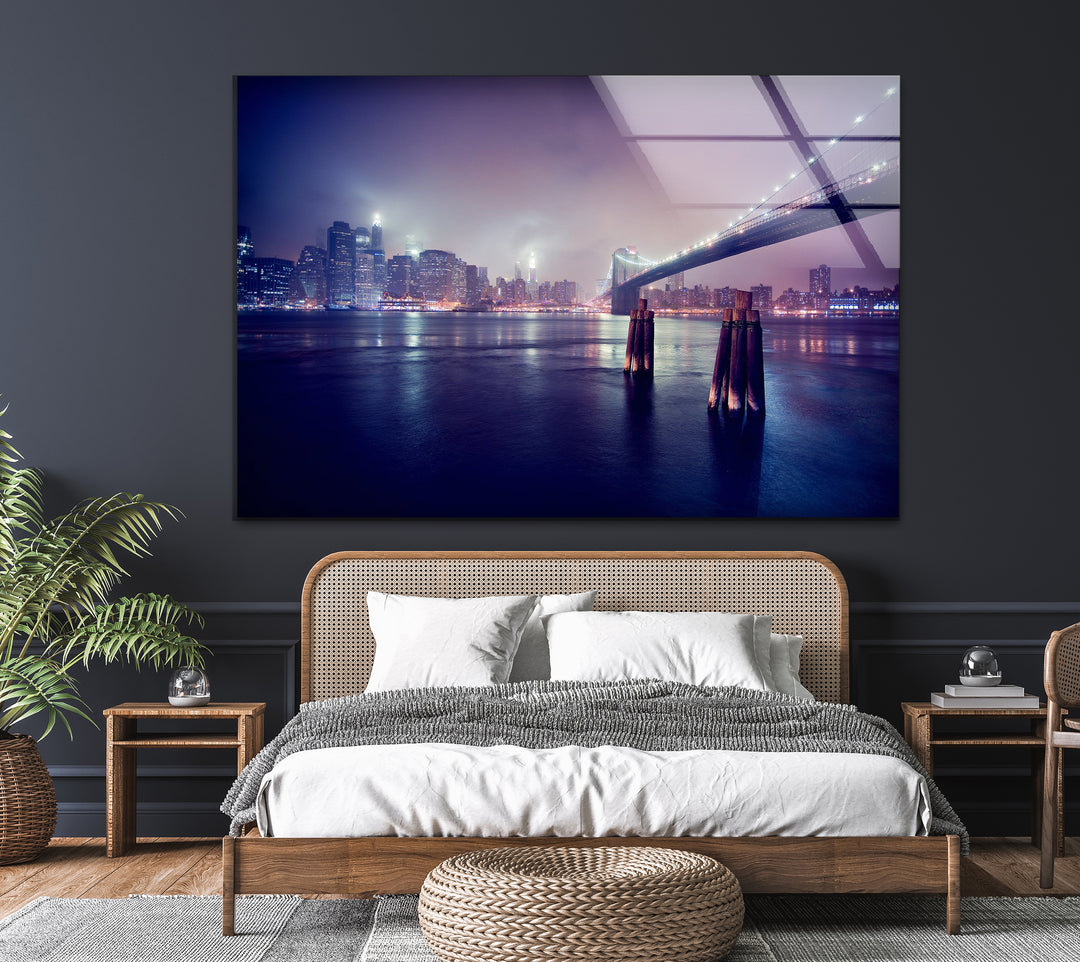 Brooklyn Bridge Glass Wall Art – Stunning New York City Skyline at Night with Brooklyn Bridge