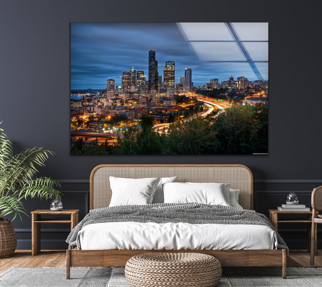 Seattle Skyline Glass Wall Art – Stunning View of Downtown Seattle at Night