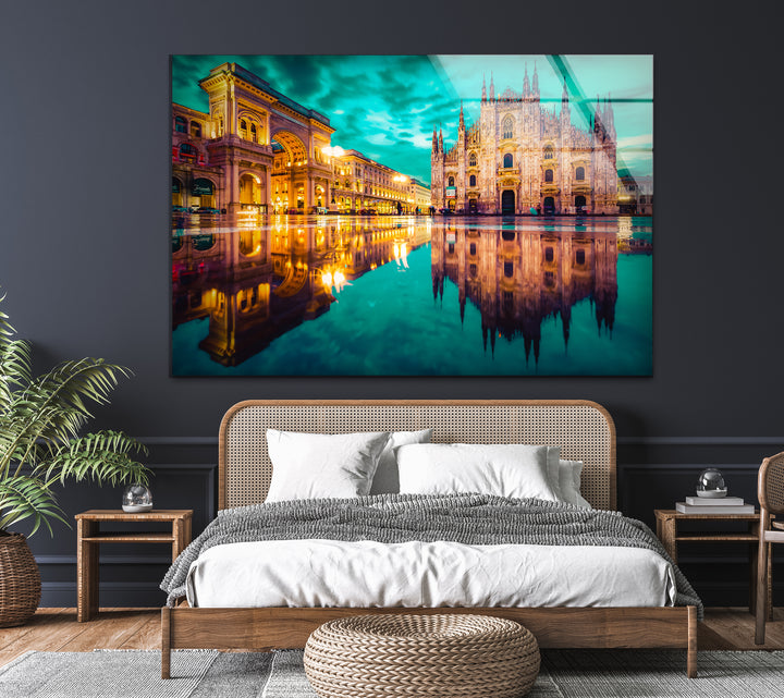 Milan Cityscape Glass Wall Art – Reflected View of Iconic Duomo Cathedral & Galleria Vittorio Emanuele