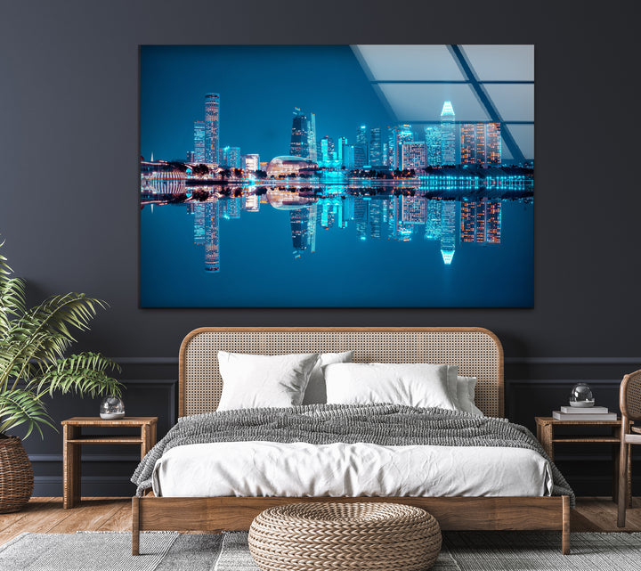 Singapore Skyline Glass Wall Art – Iconic Marina Bay Sands & City Reflections at Night