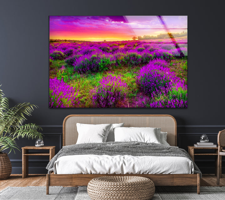 Lavender Field Glass Wall Art – Vibrant Sunset Floral Landscape