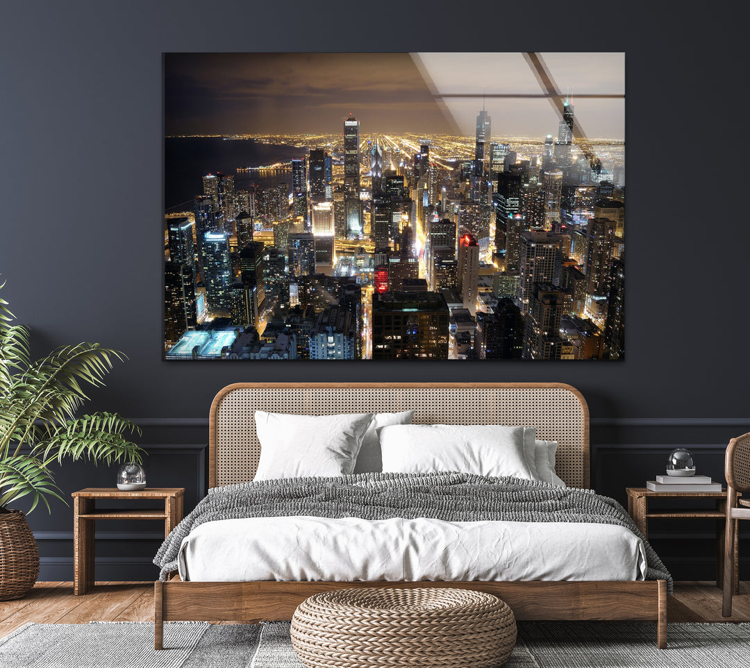 Chicago Cityscape Glass Wall Art – Night Skyline Modern Decor