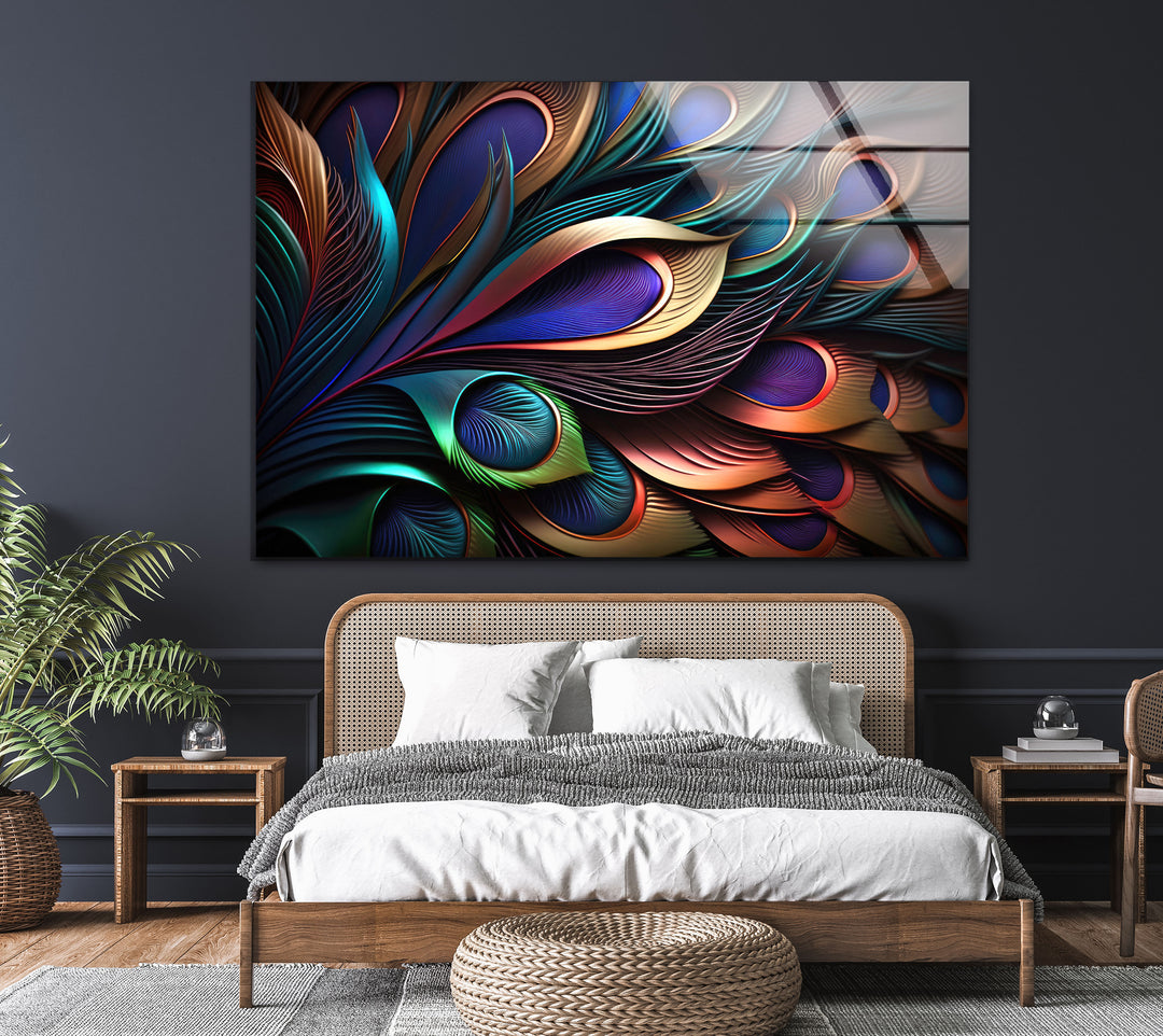 Colored Peacock Feather Glass Wall Art custom glass pictures, glass art prints