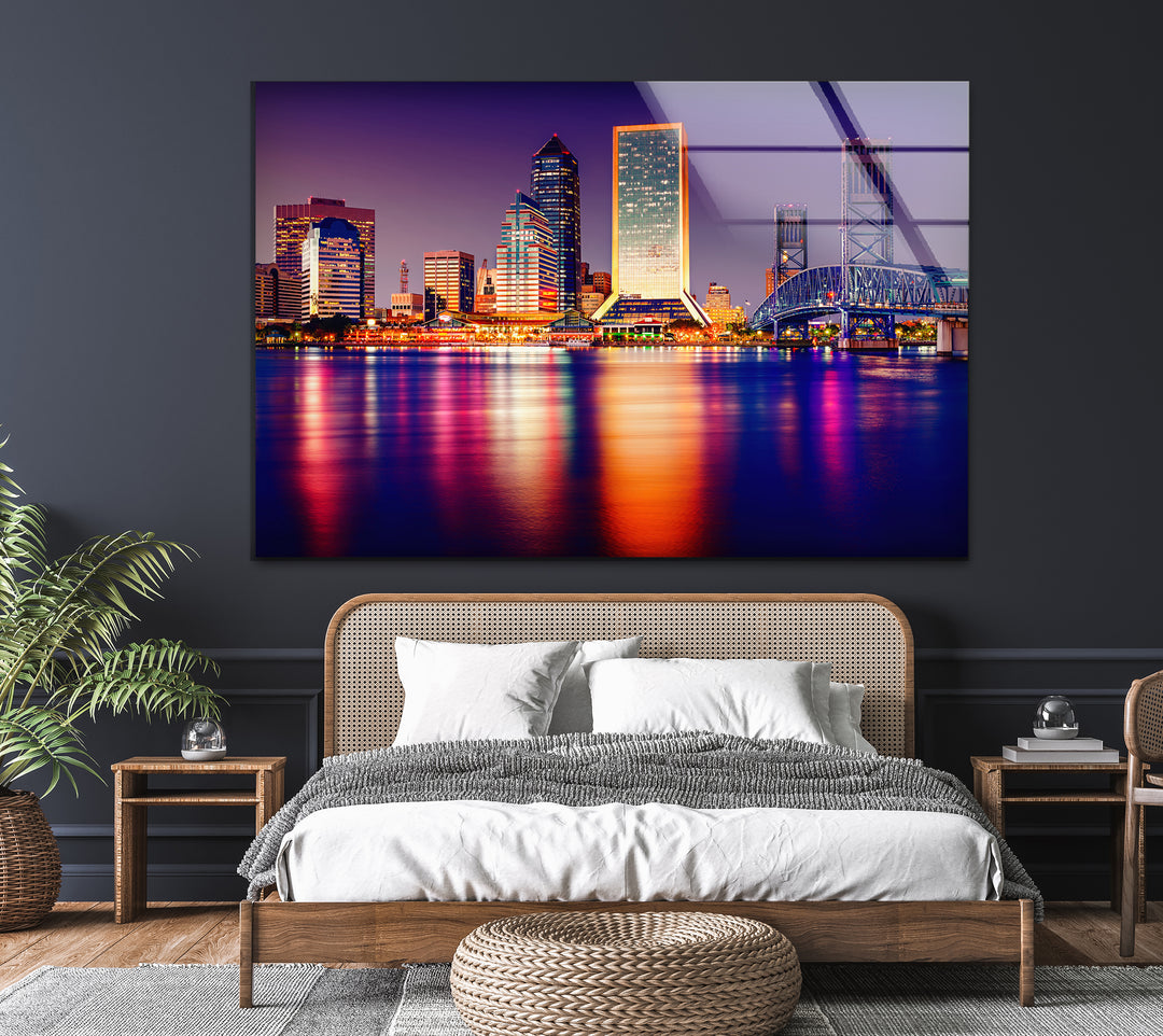 Jacksonville Skyline Glass Wall Art – Stunning View of Florida’s Iconic Downtown at Night