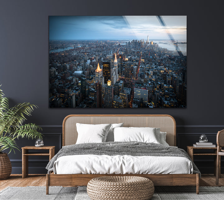 New York City Skyline Glass Wall Art – Stunning Aerial View of Manhattan at Twilight