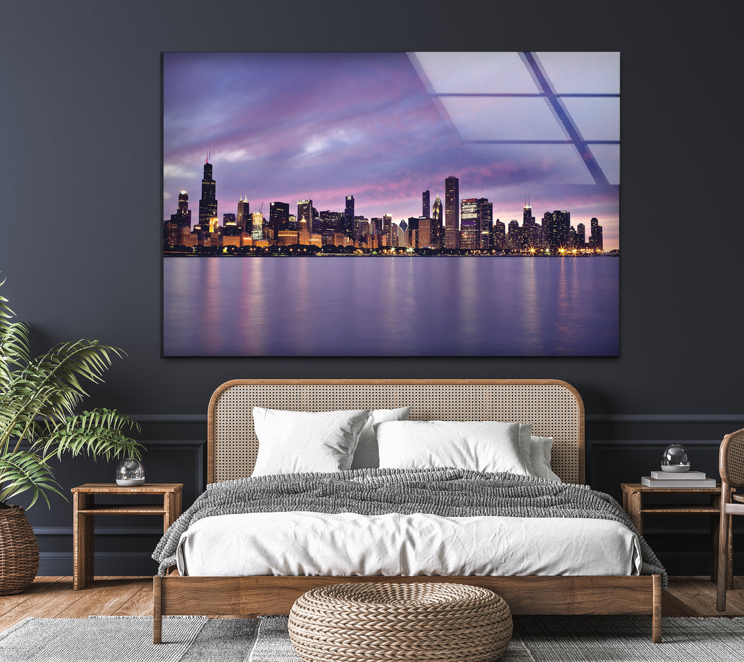 Chicago Skyline Glass Wall Art – Stunning View of Downtown Chicago at Sunset