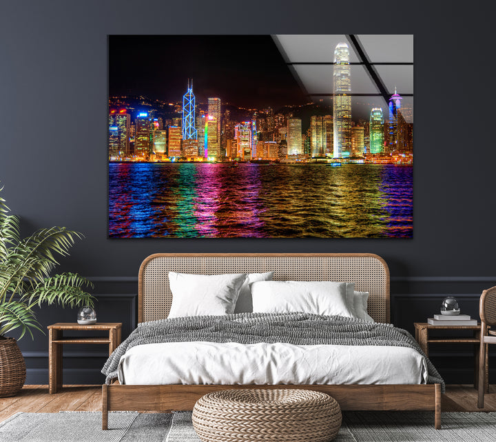 Hong Kong Skyline Glass Wall Art – Vibrant Night Cityscape Decor