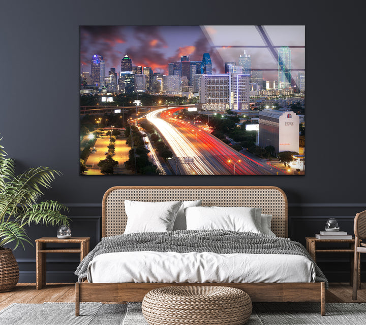 Dallas Skyline Glass Wall Art – Stunning View of Downtown at Dusk