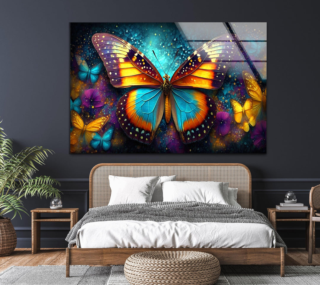 Glowing Rainbow Butterfly Glass Wall Art print on glass, glass printed photos