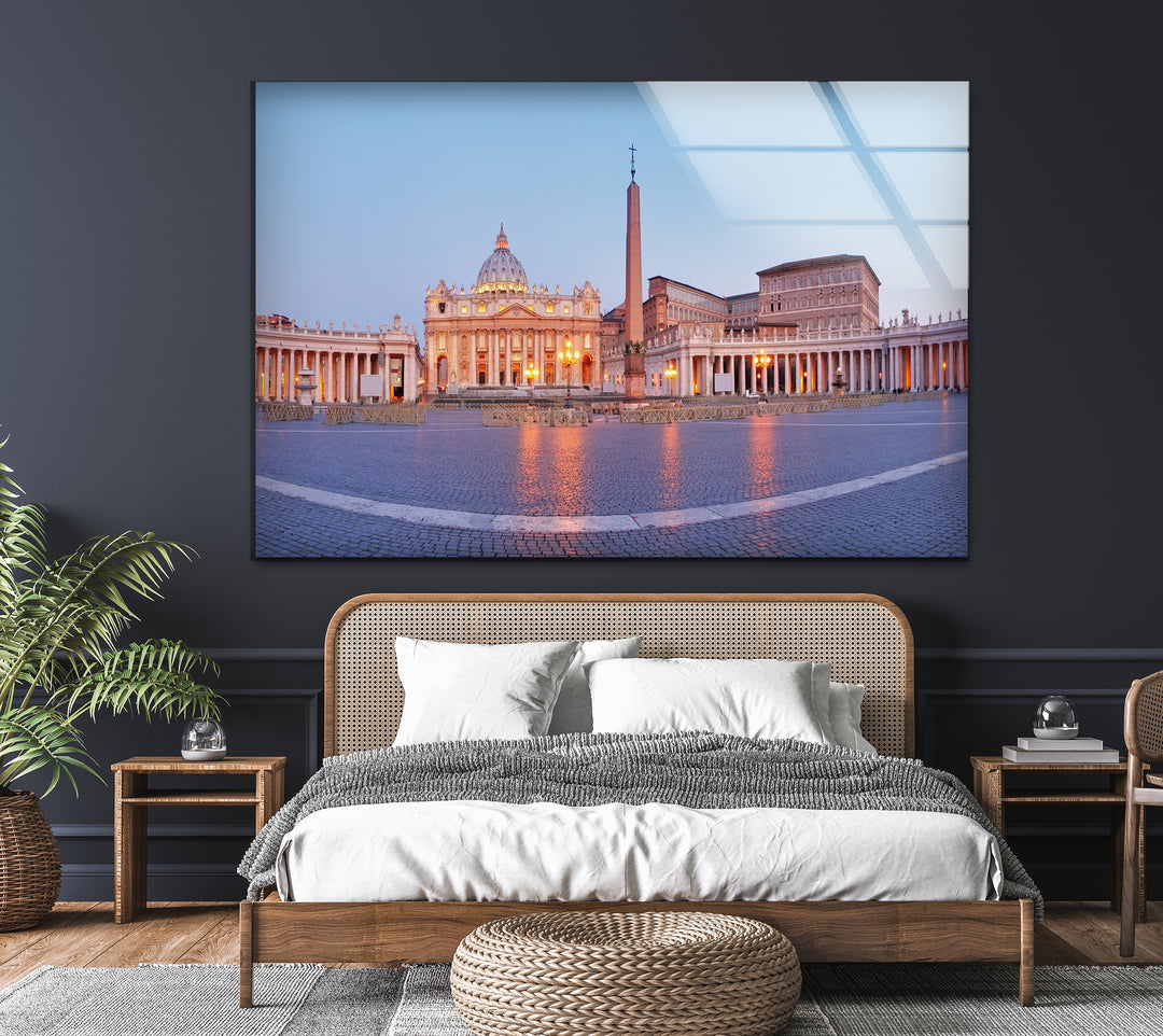 Vatican City Glass Wall Art – Majestic View of St. Peter’s Square at Dawn