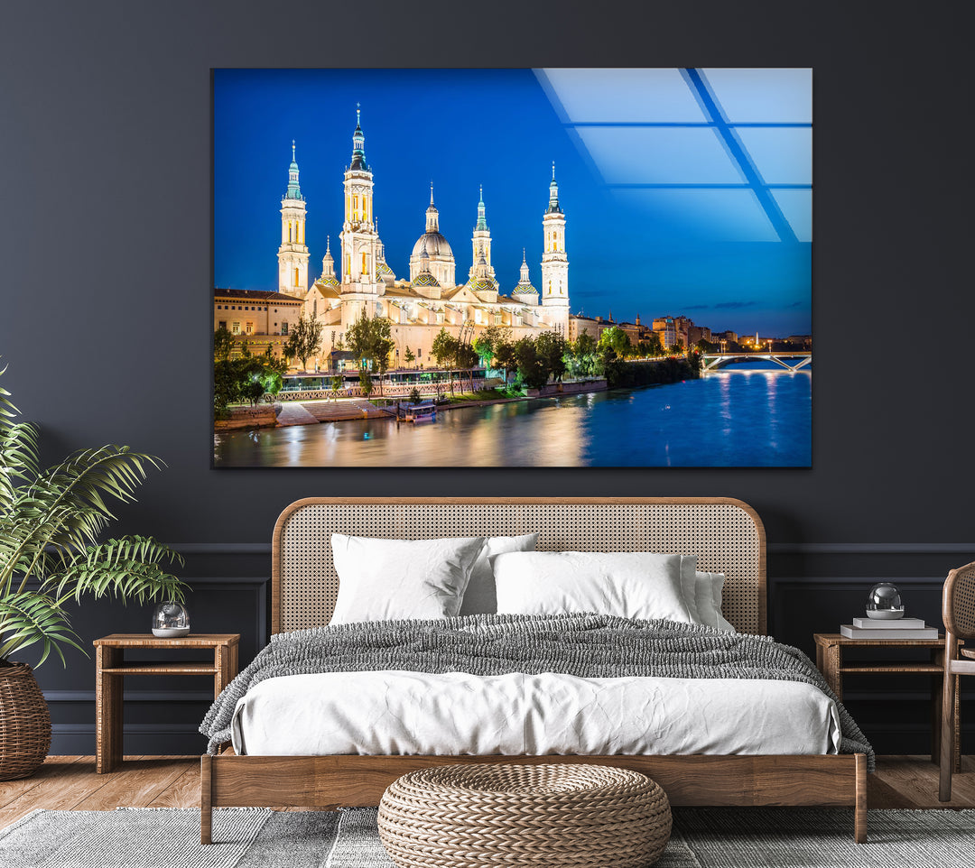 Basilica del Pilar Glass Wall Art – Stunning Night View of Zaragoza’s Iconic Landmark