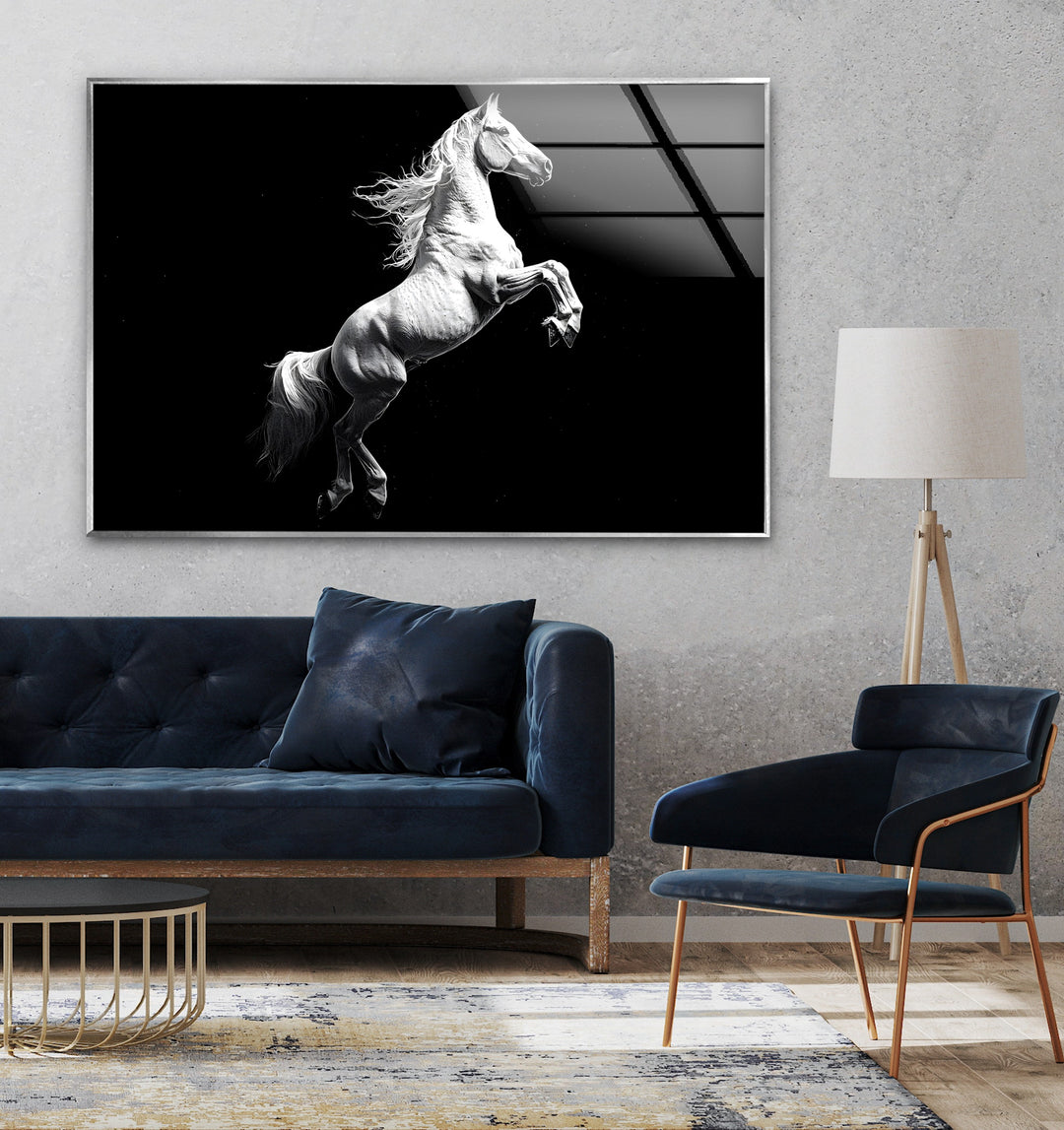 Striking black and white glass wall art featuring a rearing white horse, symbolizing strength and freedom.