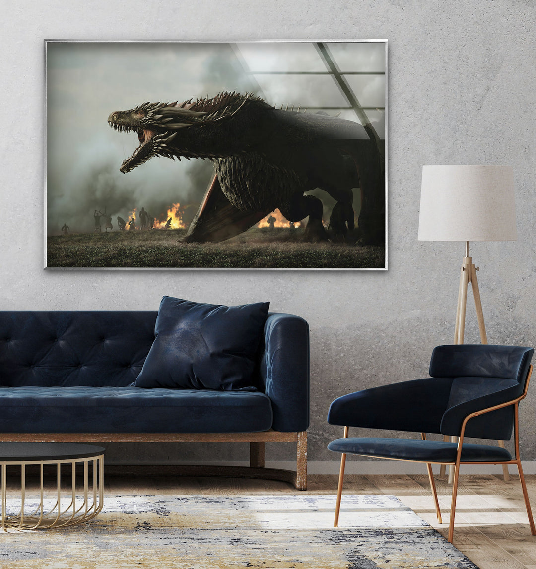 Dragon Fury: A Dramatic Fantasy Art Piece on Glass Wall
