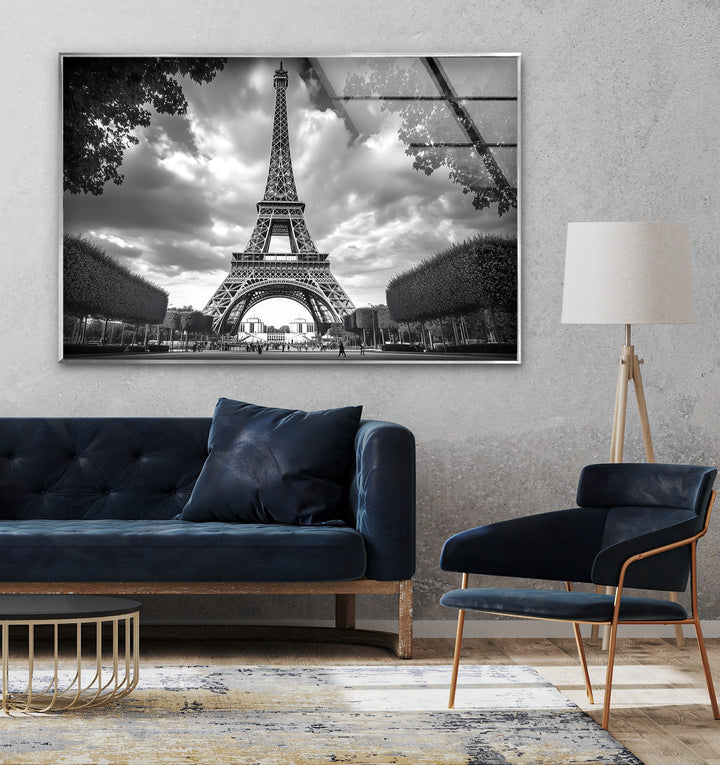 A breathtaking view of the Eiffel Tower, transformed into a high-definition black and white glass wall art.