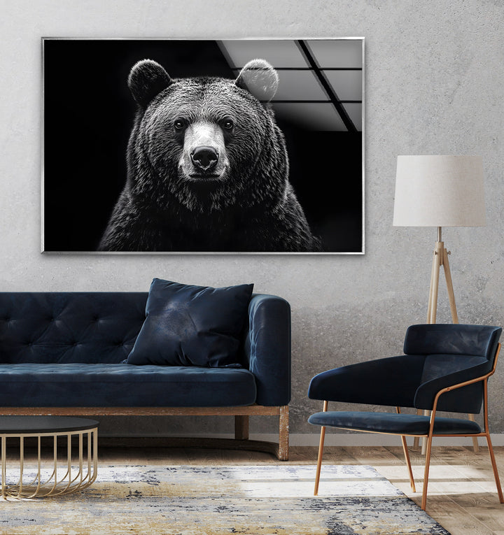 Striking black-and-white bear design on glass, bringing nature’s power to your walls.
