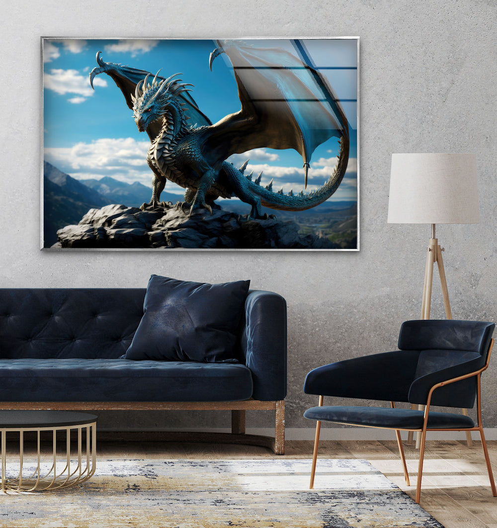 Powerful blue dragon perched atop a mountain, exuding strength and dominance.
