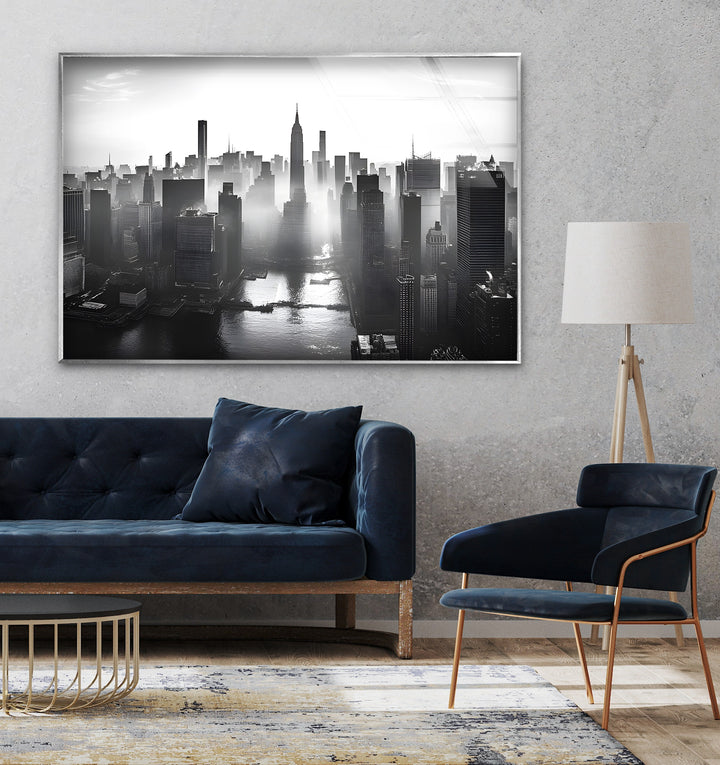 Bold black-and-white New York cityscape, showcasing the grandeur of the skyline on glass.
