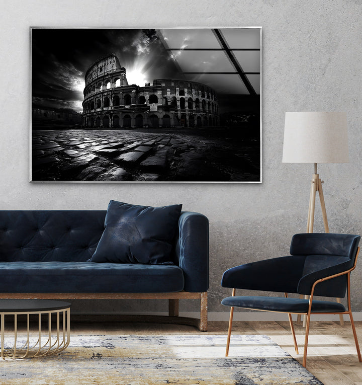 Iconic Roman Colosseum captured in black-and-white, printed on glass for a dramatic effect.
