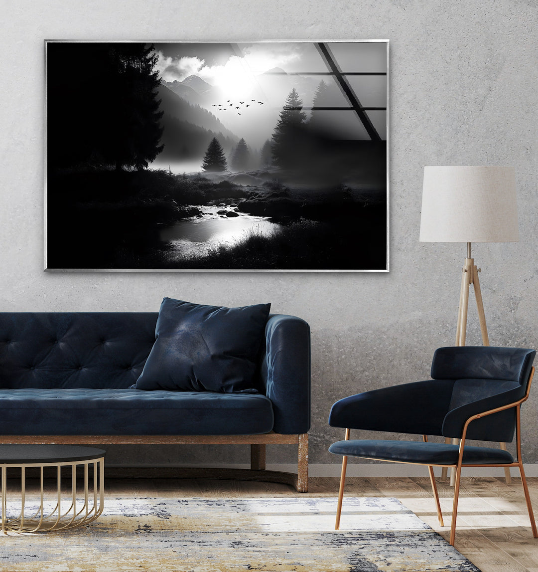 Misty mountain landscape in monochrome, elegantly printed on glass wall art for a timeless look.
