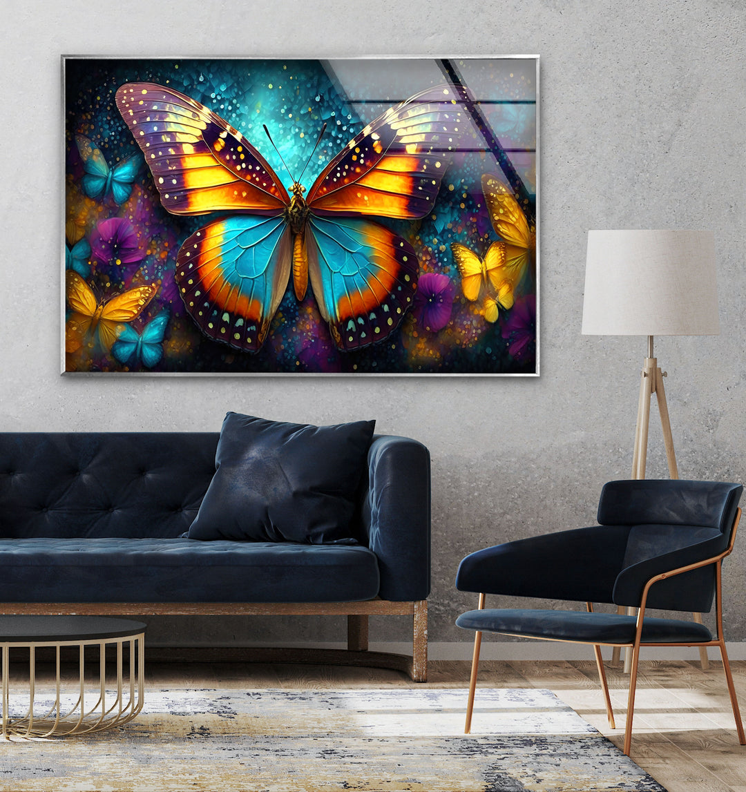 Glowing Rainbow Butterfly Glass Wall Art picture on glass wall art, photos printed on glass