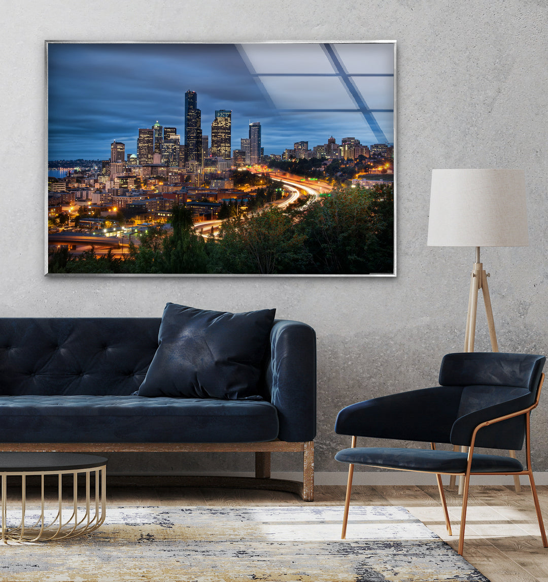 Seattle Skyline Glass Wall Art – Stunning View of Downtown Seattle at Night