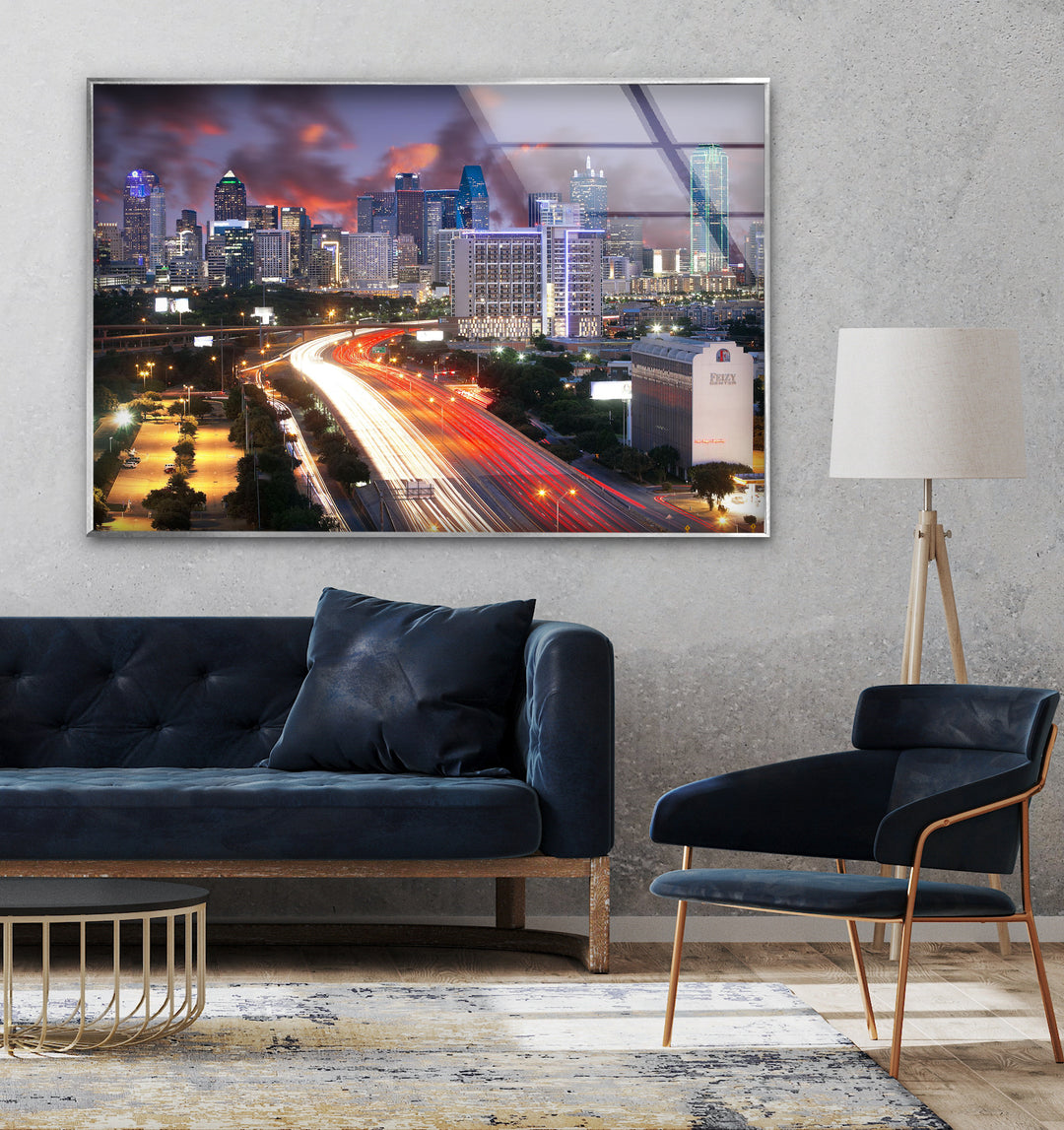 Dallas Skyline Glass Wall Art – Stunning View of Downtown at Dusk