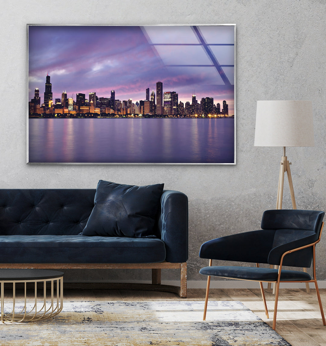 Chicago Skyline Glass Wall Art – Stunning View of Downtown Chicago at Sunset